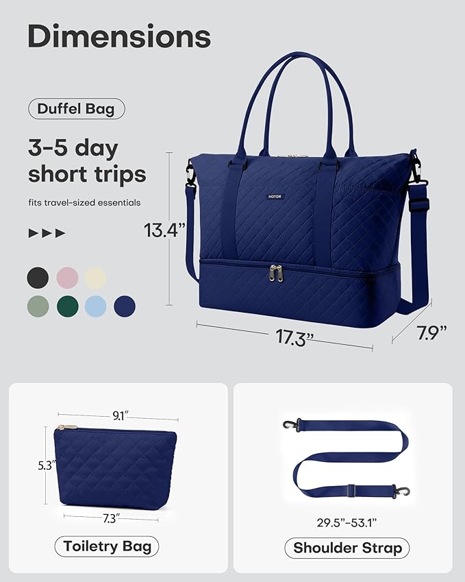 HOTOR Travel Duffel Bag - Weekender Bags for Women, Gym Tote Bags with Shoe Compartment, Carry On Overnight Bag with Toiletry Bag for Travel Essentials Travel Accessories, Dark Blue, 13.4"×17.3"×7.9"