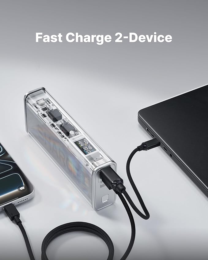 SHARGEEK 140 Power Bank, 20000mAh 140W Portable Charger, Transparent Battery Pack, Smart Display, PD3.0 for MacBook Pro iPhone 17/16/15/14 Series Google Pixel Steam Deck
