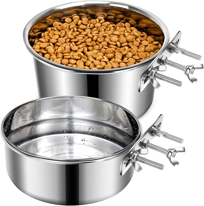Large Dog Crate Water Bowl No Spill 2 Pack, Stainless Steel Dog Bowls for Food and Water, Pet Kennel Hanging Dogs Food Bowls for Medium/Large Dogs and Cats (7.1"x3.7" & 7.1"*2.6", Silver)