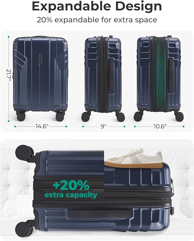 BAGSMART Expandable Carry On Luggage 22x14x9 Airline Approved, 20 Inch Travel Luggage with Spinner Wheels, Lightweight Hard Shell Suitcase Carry on Dark Blue