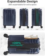 BAGSMART Expandable Carry On Luggage 22x14x9 Airline Approved, 20 Inch Travel Luggage with Spinner Wheels, Lightweight Hard Shell Suitcase Carry on Dark Blue