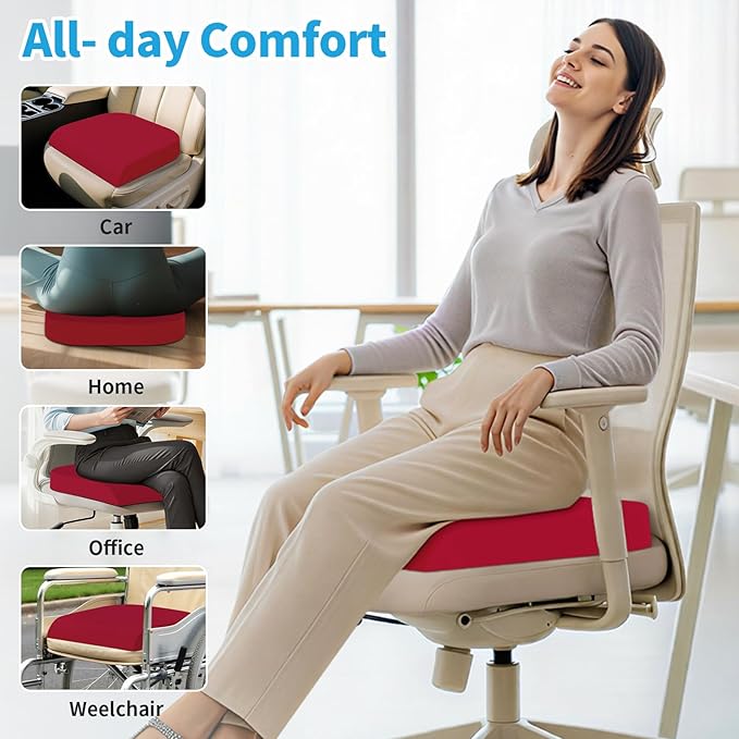 TranquilRelax XLarge Seat Cushion, Memory Foam Cushion for Long Sitting Hours on Office Chair, Home & Car, Non-Slip Chair Pad for Relieving Back & Sciatica & Hip & Coccyx Pain (Red)