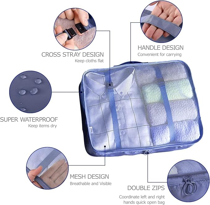 LANSKLBD 6 Set Packing Cubes for Travel, Luggage Organizers with Shoe & Toiletry Bags, Lightweight Suitcase Organizer for Carry-On, Washable Laundry Bags(Dark Blue)