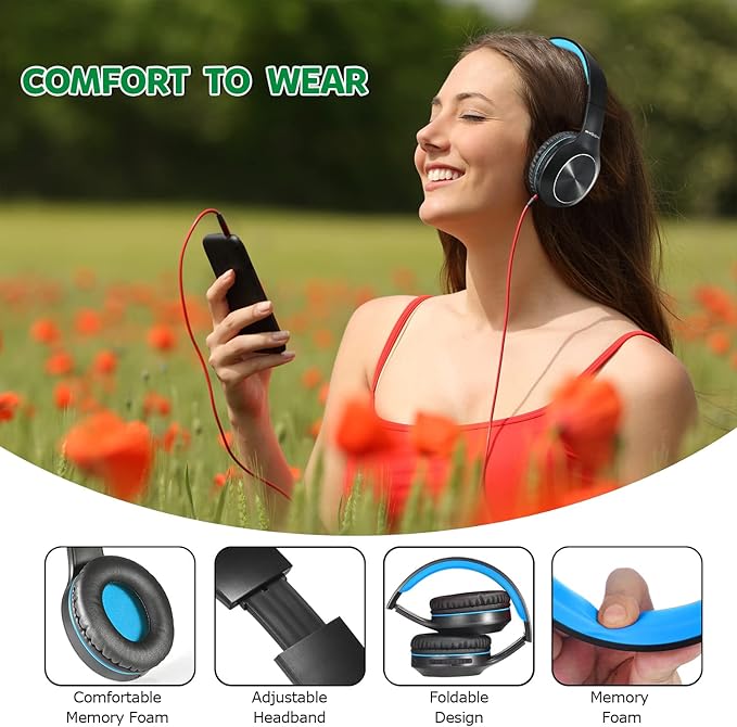 Rydohi Bluetooth Headphones Over Ear, 68H Playtime 3 EQ Music Modes Wireless Headphones with Microphone/Deep Bass, Foldable Lightweight Headset for PC Home Travel Office(Black Blue)