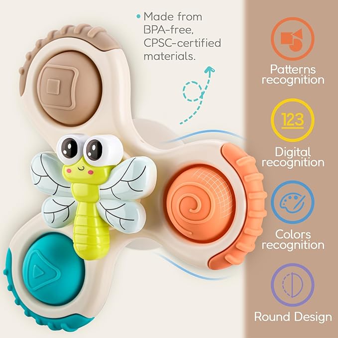 ALASOU 3PCS Pop Suction Cup Spinner Sensory Airplane Travel Toys for 1 Year Old Boy Girl Infant Toddlers|Novelty Spinning Tops 12 18 Months|1 2 Year Old Boy Birthday Gift|Baby Bath Toy Kids Ages 1-3
