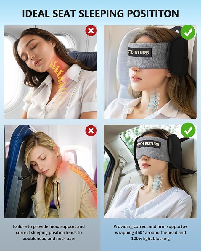 Travel Pillows for Airplanes, Airplane Head Strap with Eye Mask for Long Flight Sleeping Travel, 360° Support Neck Pillow for Plane Car Road Trips Seat Sleep, No Head Waving (White)