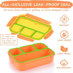 QQKO Bento Box for Kids Adults, School Toddler Lunch Box for Boys Girls, Lunch Box Containers with 4 Compartments, Sauce Container, Utensils, Food Picks and Muffin Cups for School, Orange Yellow