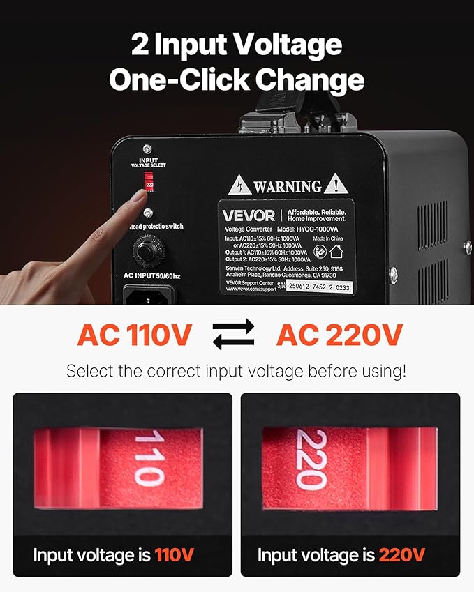 VEVOR Voltage Converter Transformer, 1000VA, Heavy Duty Step Up/Down Power Transformer, Convert from 110V to 220V and 220V to 110V, with EU & US Outlets, US Power Cord, Circuit Breaker Protection