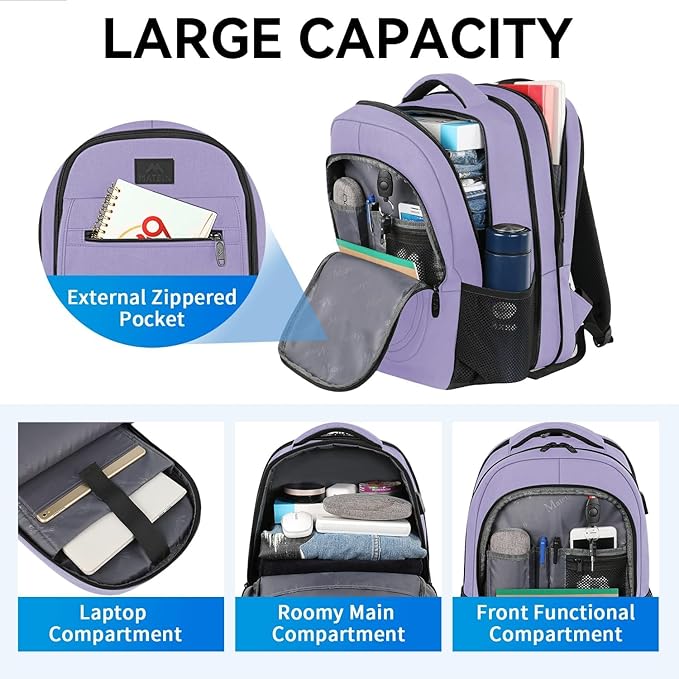 MATEIN Travel Backpack for Women, Expandable 15.6 inch Laptop Backpack, Large Anti Theft Business Computer Bag Water Resistant College Computer Bag Gift for Women Men, Purple