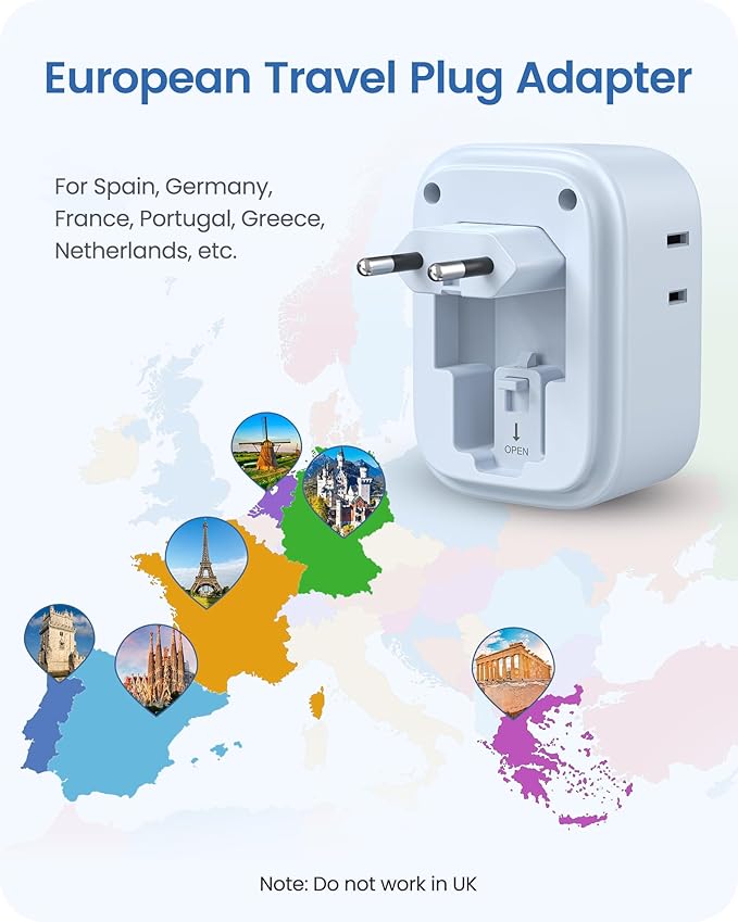 European Travel Plug Adapter, LENCENT US to Europe Type-C Foldable Power Plug with 4 Outlets 4 USB Ports (2 USB C), Power Adaptor for USA to EU Euro Iceland Spain Italy France Germany Greece, Blue
