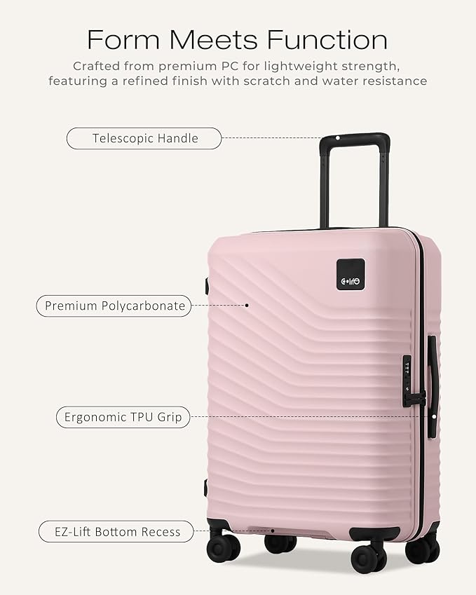 Coolife Hardside Luggage Upgrade Durable PC Lightweight Travel Suitcases with Dual Spinner Wheels & TSA Lock (Pink, Checked-Medium 24-Inch)