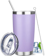 20 oz Tumbler with Lids and Straws, Stainless Steel Insulated Travel Coffee Mug, Double Wall Vacuum Insulated Tumblers, Powder Coated Coffee Tumbler for Cold & Hot Drinks (Light Purple)
