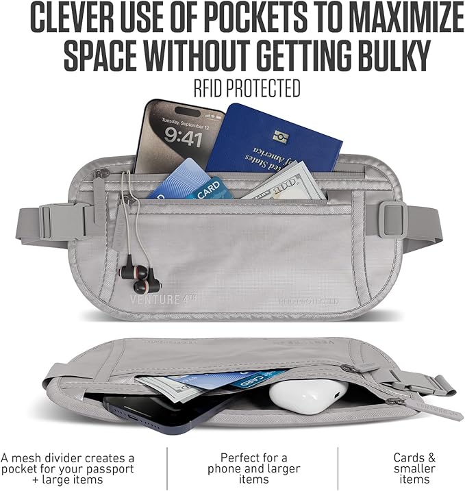 VENTURE 4TH Money Belt for Travel – Slim Hidden Under-Clothes RFID Blocking Anti-Theft Passport Holder & Travel Wallet Pouch for Men & Women to Protect Cash, Cards & Documents (Sleek Silver)