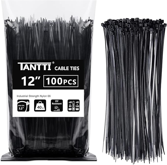 Zip Ties 12 inch, Black Zip Ties 100 pack, 40lb, Cable Ties, Self-locking Wire ties for indoor and outdoor use, by Tantti