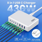 USB C Charger 430W USB C Charger Block, 8-Ports GaN IV Fast Charging Station Hub,PD 100W Laptop Charger Adapter,for MacBook Pro/Air/iPad/iPhone16/15/14/Apple Watch/DELL/Samsung for Home Office