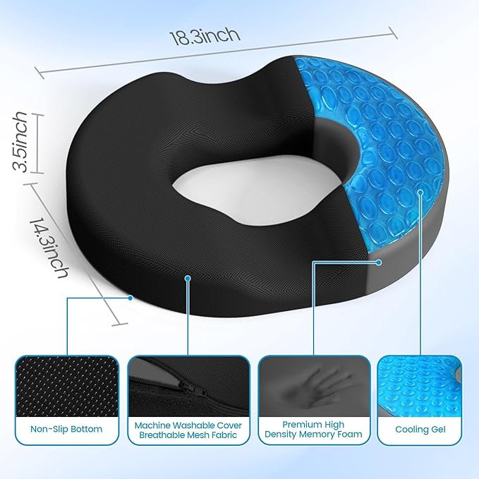 Donut Pillow Seat Cushion - Cooling Gel Donut Chair Cushions, Memory Foam Seat Cushion for Office & Home, Car Seat Cushion and Butt Pillow, Hemorrhoids Pillow and Tailbone Pain Relief, Black