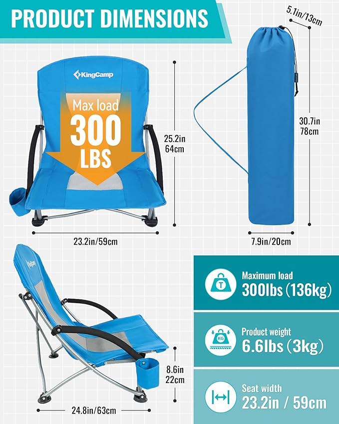 KingCamp Low Beach Chair, High Back Folding Camping Chair for Adults, Oversized Breathable Mesh Seat, 300lbs Heavy Duty Portable Chair with Cup Holder & Storage Pockets for Beach, Outdoor
