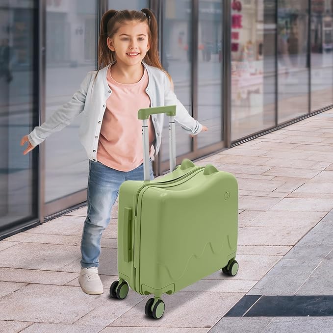 18" Kids Ride-On Suitcase,Children's Carry On Luggage Case,Rolling Luggage With Lock,Travel Trolley Case for Short Trips,School Trips,Outings (Olive green)