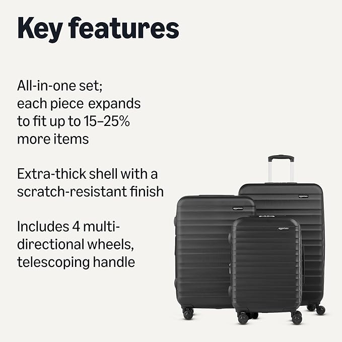 Amazon Basics 3-Piece Hardshell Luggage Set (21", 26", 30"), Scratch-Resistant Expandable Suitcases with Multi-directional Wheels and Telescoping Handle, Black