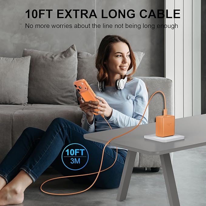 iPhone 17 16 Pro Max Charger Fast Charging, 45W USB C iPhone 17 16 Super Fast Charger Block with 10ft Long Type C Charging Cable Cord for iPhone 17 Pro Max/17 Pro/17 Air/17/16/16Pro-Cosmic Orange