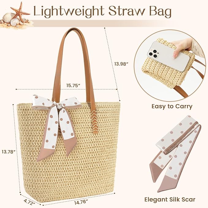 Trifabricy Beach Bags for Women, Large Straw Beach Bag, Beach Tote Bag Shoulder Handbags, Straw Bag Beach Purse for Summer