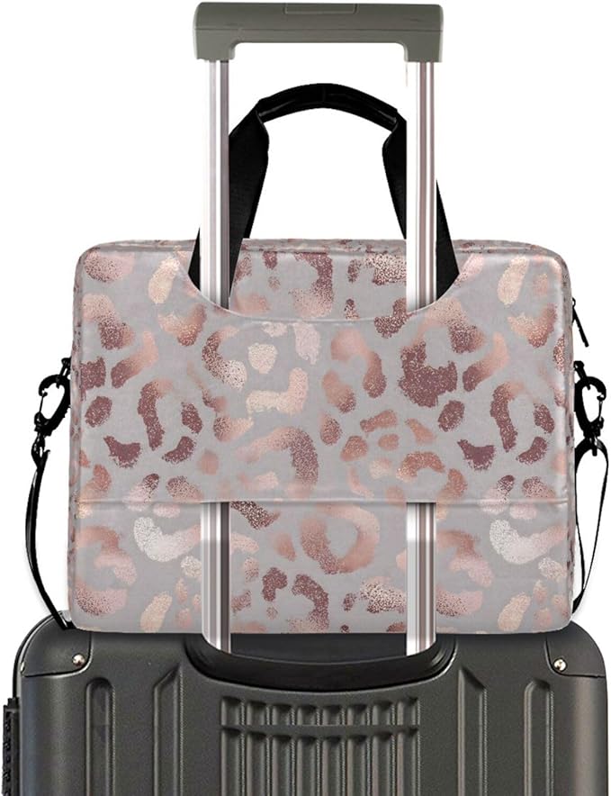 Rose Gold Leopard Print Pink Laptop Messenger Bag Case Sleeve Crossbody Briefcase for Men Women with Shoulder Strap Handle 13 14 15.6 inch