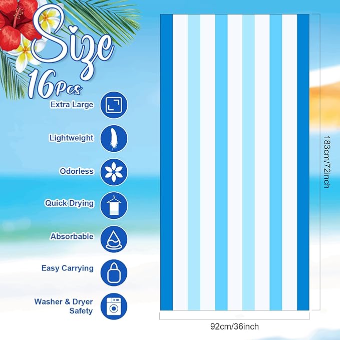 Redbaker 16 Packs 72 x 36 Inches Oversized Vertical Stripe Beach Towel Bulk Extra Large Pool Towels Set Microfiber Quick Dry Swim Towel Blanket for Women Men Adult Bath Travel(Gradient Color)