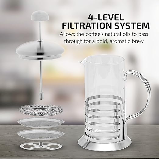 OVENTE French Press Coffee Maker 34 Ounce with Heat Resistant Borosilicate Glass, Stainless Steel Design and 4-Level Filter System, Portable Cold Brewer Pot for Travel, Camping or Gift, Silver FSH34S
