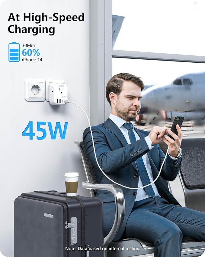 LENCENT European Travel Plug Adapter, PD 45W Type C Foldable Power Plug with 4 Outlets 4 USB Ports, USB Fast Charger Adaptor, Power Adaptor for US to Most of Europe EU Spain Italy France Germany