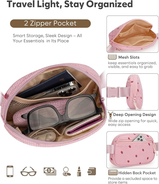 Pritent Fanny Packs for Women Cross Body Bag Waterproof Belt Bag with Adjustable Strap and Zipper Back Pocket Small Crossbody Bags Fashion Waist Packs for Workout Travelling(Strawberry Pink)