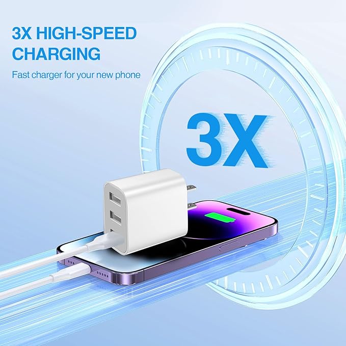 3 USB A Ports Charger Block，YTFCYIKBG Cell Phone wall Chargers，USB Cube wall Plug，for iPhone 14/13/12/11/X/XR/X/8/7/6, Galaxy, Android Phones and More （White）