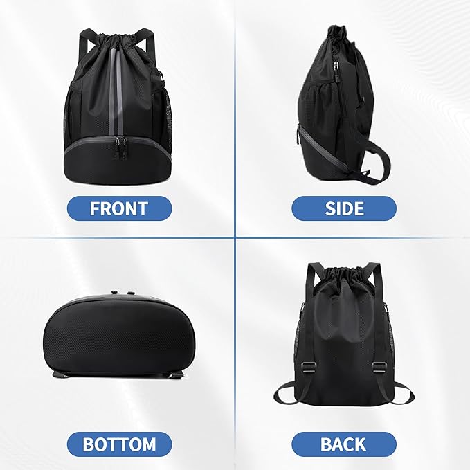 JELUTAR Drawstring Backpack Gym Bag with Shoes Compartment for Soccer, Basketball, Swim, Water-Resistant String Backpack Beach Cinch for Women Men, Black, Medium