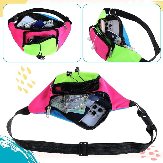 80s Neon Fanny Pack 2 Pockets 90s Belt Bags for Women Men Waist Retro Packs for Holiday Festival, 80s Theme Halloween Party, Vintage Rave Accessories Plus Size Belt Bag, Pink Bottom