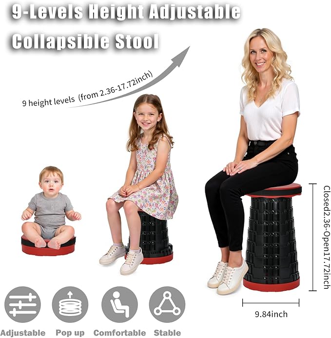 Camping Chairs,Camp Stool,Small Folding Stool,Upgraded Collapsible Stool,Portable Folding Stool,Retractable Seat or Foot Rest,Outdoor Fishing Hiking Gardening Travel BBQ-Max 400lbs (red)