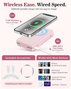 5-in-1 Magnetic Wireless Power Bank, 5000mAh Portable Charger with Mirror, Stand, Bluetooth Remote & Card Holder, MagSafe Compatible Travel Essential for iPhone&Samsung, USB-C Cable Included, Pink
