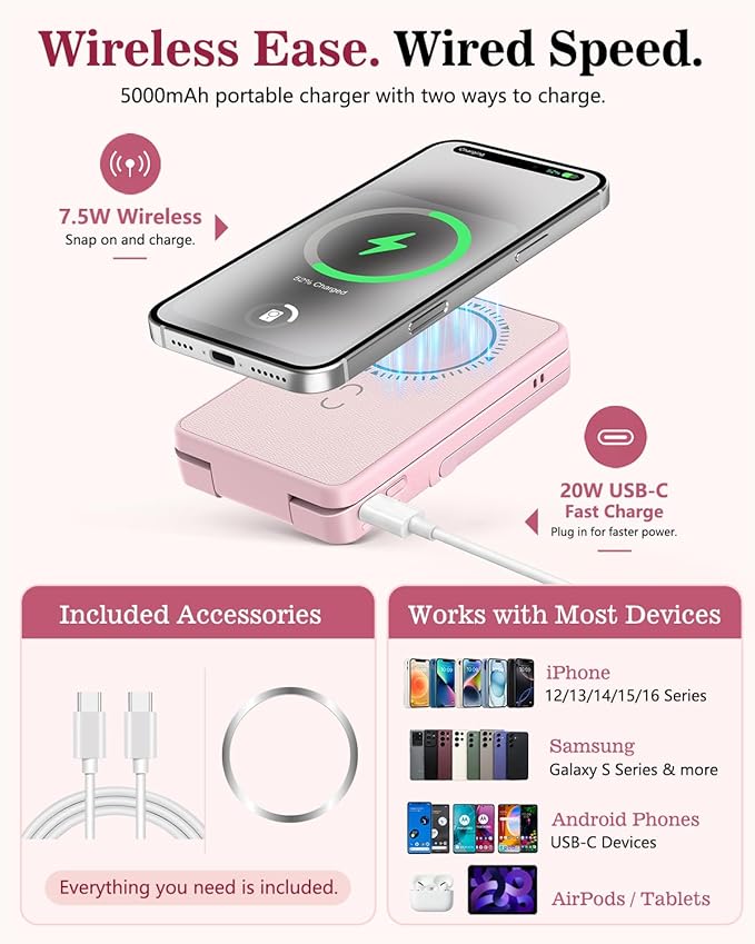 5-in-1 Magnetic Wireless Power Bank, 5000mAh Portable Charger with Mirror, Stand, Bluetooth Remote & Card Holder, MagSafe Compatible Travel Essential for iPhone&Samsung, USB-C Cable Included, Pink