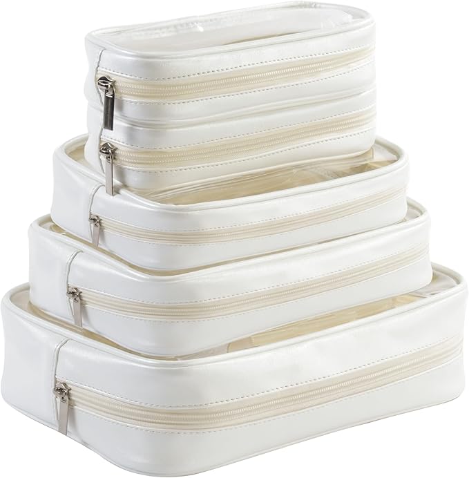 Remobia Hicol TSA Approved 5-Piece Diaper Bag Organizer Pouch Set Clear Waterproof TPU Kids Toiletry Storage Set Travel Packing Clutch Cube Bags for Baby Nursing(Pearl White Leather)