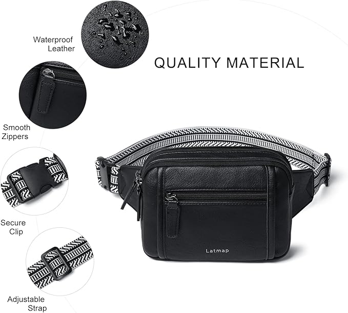 LATMAP 3L TRIPLE ZIP Fanny Packs Belt Bag For Women Men Crossbody Waist Pack Sling Chest Bum Travel Bag Purse Faux Leather Fashion Cute Black