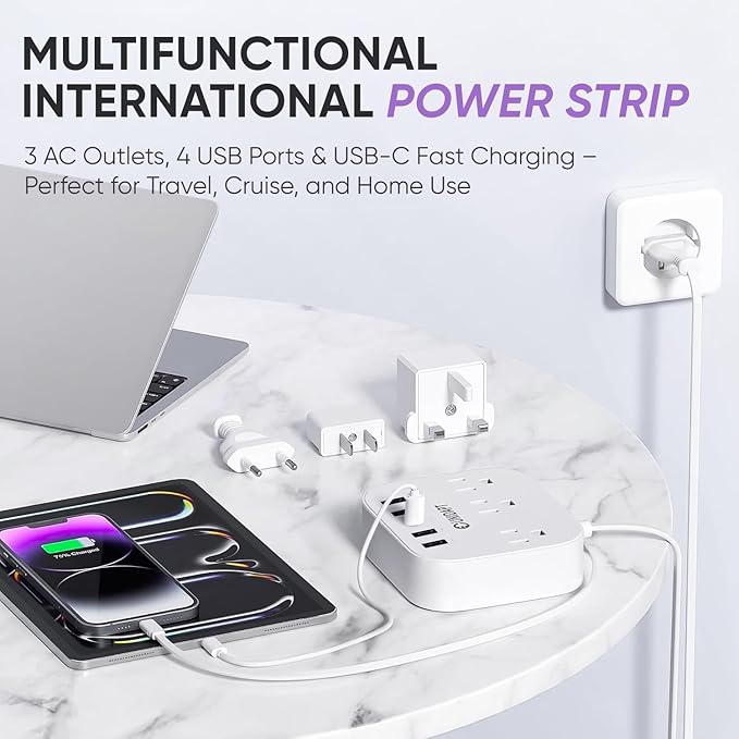 European Plug Adapter, Unidapt US to UK Europe Power Strip for EU/UK/US with USB C and 4 USB Ports, 3 AC Outlets, Wall Mountable, 5ft Extension Cord, for Travel Cruise Ship Home