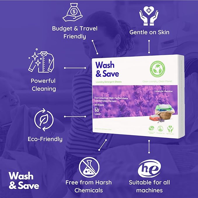 WASH & SAVE Laundry Detergent Sheets - 60 Loads / 30 Sheets | Plant-Based, Eco-Friendly, Hypoallergenic Liquidless Detergent | Perfect for Travel & Dorm - Lavender Meadow