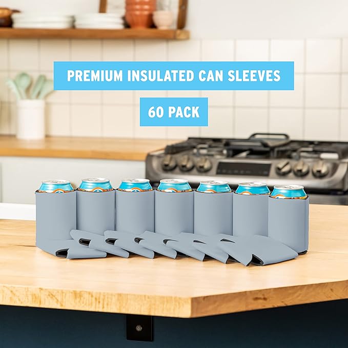 Blank Beer Can Cooler Sleeves (60-Pack) Soft Insulated Beer Can Coolies - HTV Friendly Blank Koolies in Bulk for Beer Cans & Bottles - Coolie Blanks for Vinyl Projects & Wedding Favors (Gray)