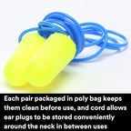 3M Ear Plugs, E-A-Rsoft Yellow Neons 311-1250, 200 Pair of Disposable Earplugs, Pairs Individually Wrapped, Regular Size, Corded, 33 NRR, Tapered Cylinder Shape, Slow Recovery Foam