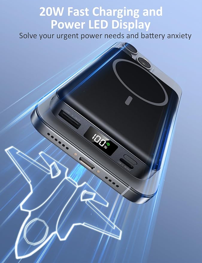 Magnetic Portable Charger, 10000mAh Power Bank, 5 in 1 Portable Charger with Built in Cable, 20W Fast Charging for Magsafe Battery Pack Compatible with iPhone 17/16/15/14/13/12 Pro/Pro Max Series