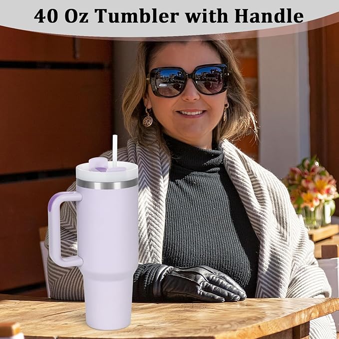 4 Pack 40 Oz Tumbler with Handle Bulk, Double Wall Vacuum Insulated Stainless Steel Tumbler with Lid and Straw, 40 oz cup with Silicone Spill Proof Stopper Set (Purple)