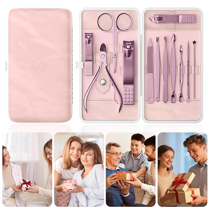 ZIZZON Professional Nail Care Kit, 12-Piece Manicure & Pedicure Grooming Set with Travel Case, Stainless Steel Nail Clippers, Cuticle Trimmer & Beauty Tools, Portable Gift Set(Pink)