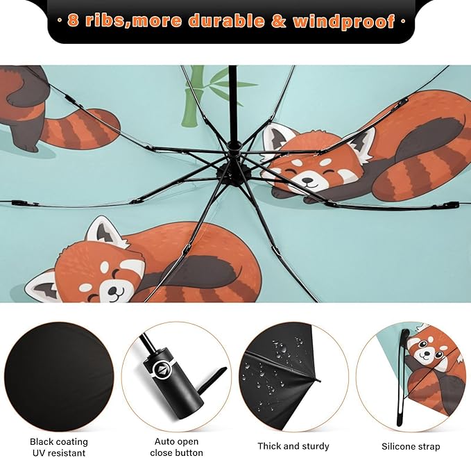 Cute Red Panda Pattern Folding Umbrella Compact Travel Automatic Open Close Sun UV Protection Reverse Inverted Umbrella for Rain Women Men Outsid