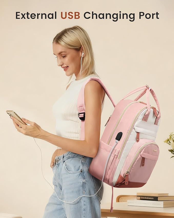 LOVEVOOK Laptop Backpack Women,15.6 inch Waterproof Work Travel Backpack Computer Laptop Bag,Cute College Nurse Teacher Backpack Purse,Gifts for Women & Men,Pink-Beige