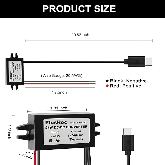 PlusRoc Waterproof DC 12V/24V to 5V 5A Step Down Converter, 25W USB-C Power Adapter for Raspberry Pi 5, Pi 4, Cellphone, and More (1-Pack)