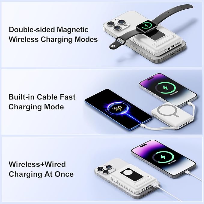 Magnetic Portable Charger, 10000mAh Wireless Power Bank for iPhone with Built-in Cables, 20W Fast Charging for Magsafe Battery Pack with Stand for iPhone Air/17/16/15/14/13/12 and Apple Watch