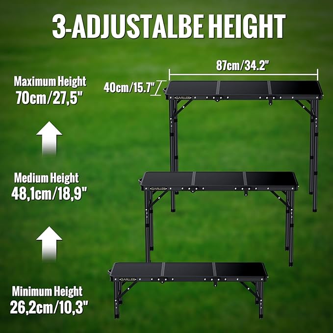 GARLLEN Folding Camping Table Max 27.5", 3-Height Adjustable Portable Camping Table with Carrying Bag, Lightweight Aluminum Folding Picnic Tables for BBQ, Travel, Outdoor, 34.2" L x 15.7" W